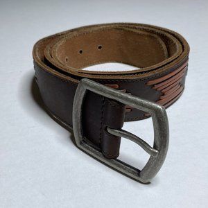 Fossil Size Large Brown Braided Detail Leather Belt Silver Buckle Boho Bohemian